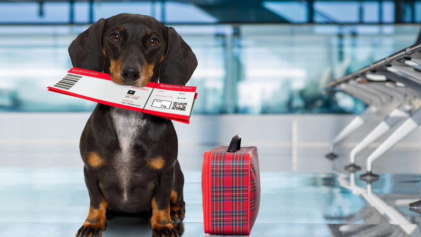 Dachshund sitting in airport holding a ticket in its mouth with a small plaid suitcase next to the dog.