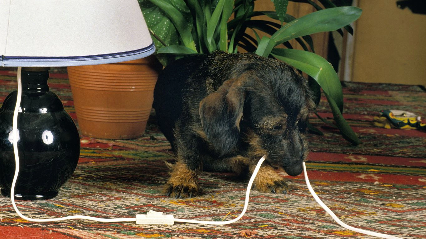 Wire haired Dachshund pup chewing a white electrical cord attached to a lamp